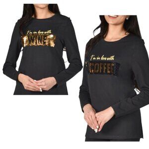 BNWT Frank Lyman Design Black/Gold Sequined Coffee/Wine Long Sleeve T-shirt S